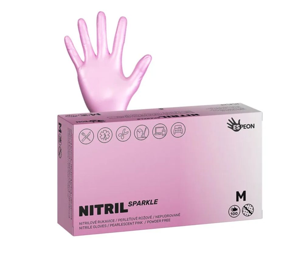 Nitrilové rukavice Nitril Sparkle vel. M 100ks - perleťově růžové, nepudrované